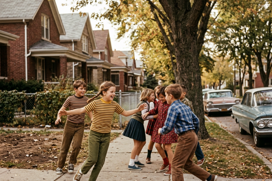 Six children playing tag and laughing on a residential sidewalk in autumn