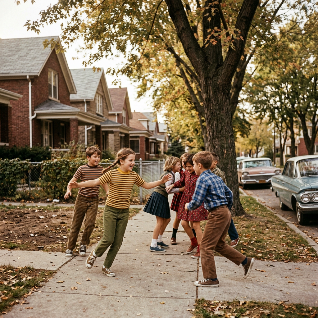 Six children playing tag and laughing on a residential sidewalk in autumn